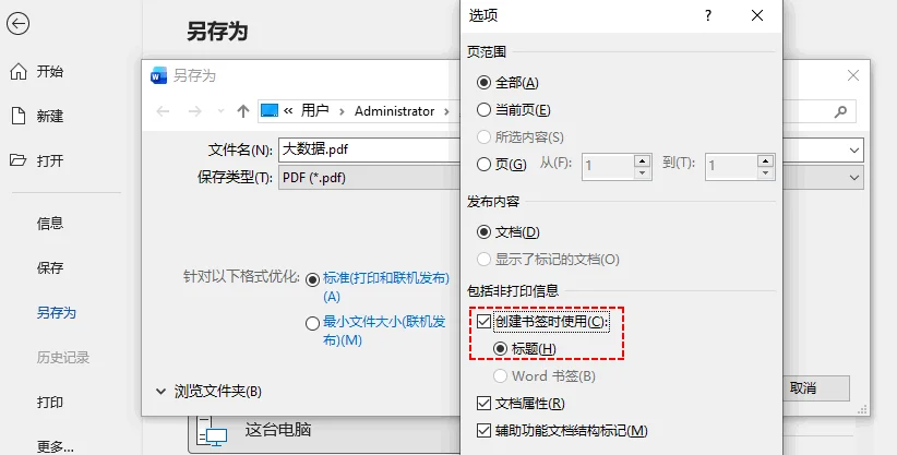Word 中用于生成书签的关键选项对话框。