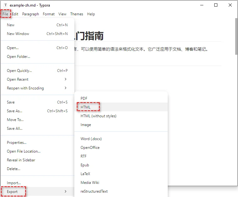 使用桌面应用程序 Typora 转换 Markdown 为 HTML